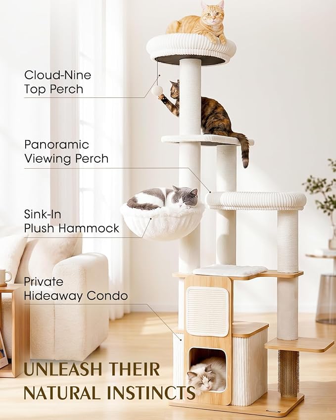 63" Wooden Cat Tree, Modern Cat Tower, Self-Grooming Brush,Natural | Heavy Duty Cat Tree, Cats Furniture, for Large Cats up to 15 lbs, Climbing Post, Plush Top Perch, Stable Base, Cozy Cat Condo