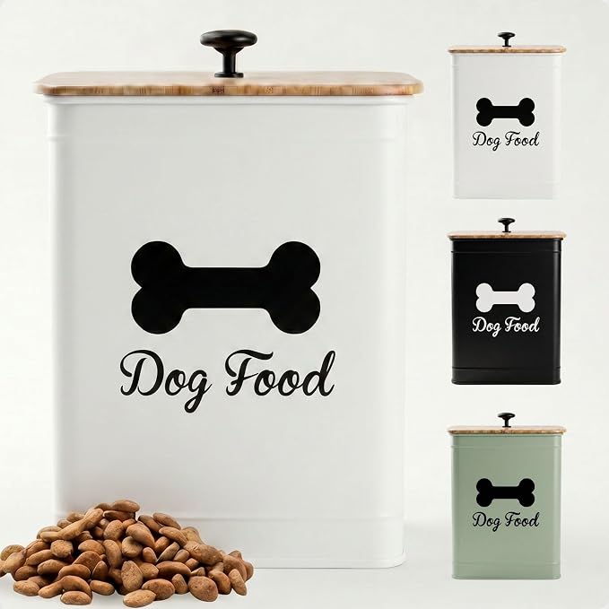 Dog Food Container Airtight Bamboo Lid 5-7 lb, 25 Cups, Sturdy Metal Handle | Pet Jar For Dogs up to 50lbs, Airtight Bamboo Lid, Sturdy Comfortable Metal Handle, Powder Coated Iron, Kibble Storage Bin
