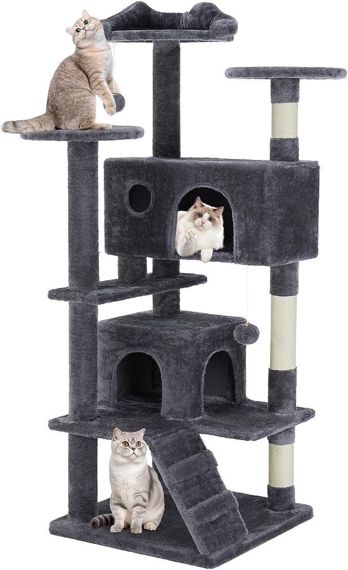 DUMOS 54 Inch Cat Tree Tower with Scratching Posts | Indoor Multi-Level Pet House for Large Cats with 2 Condos, Round Platform, Small Ladder and Toys, Grey