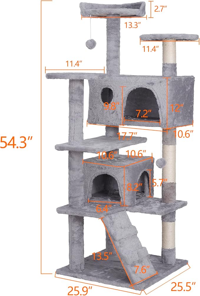 ZENY 54 inches Cat Tree with Sisal-Covered Scratching Posts and 2 Plush Rooms Cat Furniture for Kittens (Light Gray)