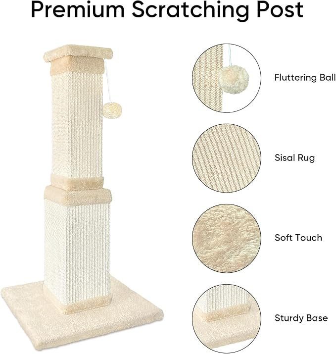 Cat Scratching Post for Large Cats, Cat Scratcher for Indoor Cats Adults, Sturdy Sisal Scratch Post to Protect Furniture, 32 Inch, Beige