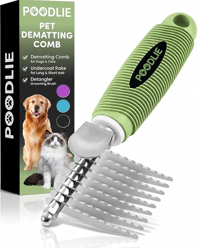 Poodle Dematting Fur Rake Comb Brush for Dogs and Cats - Long 2.5" Steel Safety Blades Metal Comb for Detangling Matted or Knotted Undercoat Hair (Green)