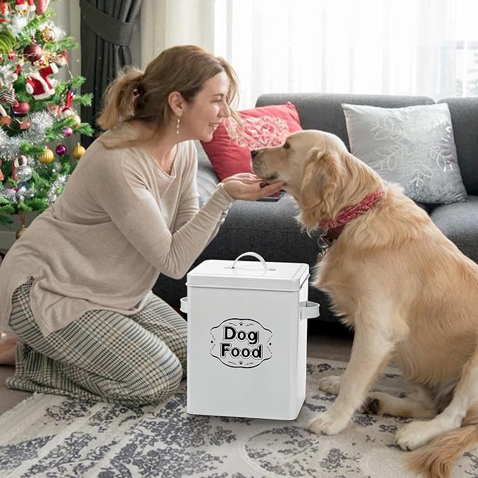 5-7 Lbs(25 Cup) Metal Dog Food Storage Container with Lid and Scoop, Airtight Dog Treat Container, Farmhouse Pet Food Storage Container, Cute Dog Food Canister, Gift for Dogs and Owners, White