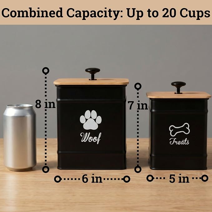 Dog Treat Container Airtight Set of 2 - 8x6 & 7x5 inch Iron Dog Treat Jars for Kitchen Counter with Airtight Bamboo Lids - 20 Cup Capacity Pet Treat Container Set - Doggie Cookie Jar - Treats Canister | Fits All Popular Treats, Up to 20 Cups Combined C...