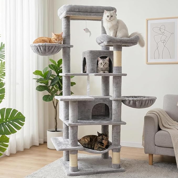 68 Inches Multi-Level Heavy Duty Large and Tall Cat Tree Tower for Indoor Cats/Removable Pad/Cat Condo/Sisal Scratching Posts/Hammock/Cat Activity Center/Wide Base