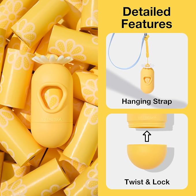 VETRESKA Dog Poop Bag Dispenser with Daisy Scented Waste Bags Leak-proof and Extra Thick Poop Bags for Dog Walking and Cat Litter 1 Holder and 105 Bags (7 Refill Rolls)