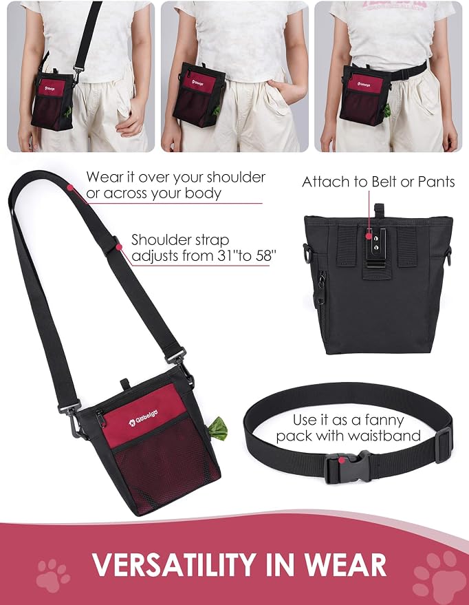 4 Cup Dog Treat Pouch with Silicone Insert Bag& Clicker(Red) | 2 Pair Magnetic Closures, Belt Clip/Waist Belt/Crossbody Wear, Zipper Pocket Poop Bag Holder for Pet Training/Daily Walking