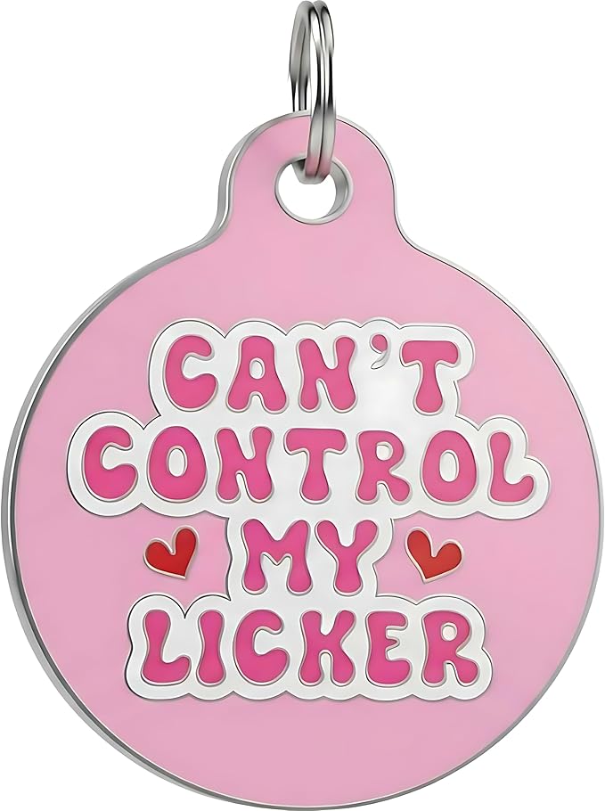Bad Tags Personalized Dog and Cat ID Tags in 25+ Designs and 2 Sizes - 5 Lines of Custom Engraved Text - Funny Cute Personalized Pet Tags (Can't Control My Licker - Pink, Small (1 inch))