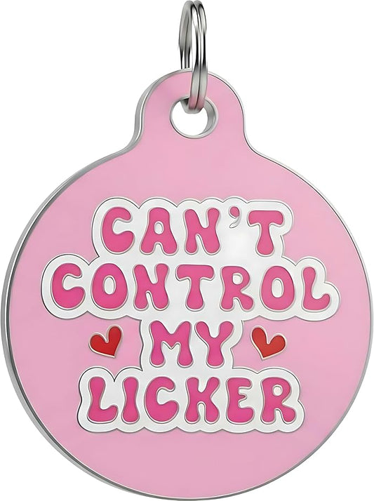 Bad Tags Personalized Dog and Cat ID Tags in 25+ Designs and 2 Sizes - 5 Lines of Custom Engraved Text - Funny Cute Personalized Pet Tags (Can't Control My Licker - Pink, Small (1 inch))