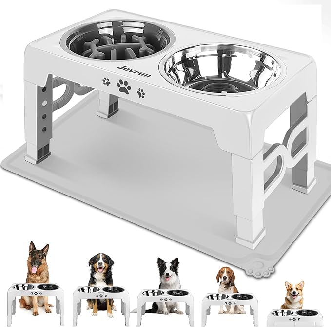 Jovrun Elevated Dog Bowls for Medium Large Dogs with Mat, Non-Slip Dog Feeder with 1*Stainless Steel Dishes & 1*Slow Feeder Bowl, 5 Heights Adjustable Raised Bowls for 3.15″-8.66″-9.84″-11.02″-12.2″