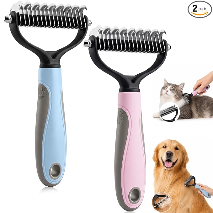 2PCS Pet Knotter for Dogs,Pet Grooming Brush, Dog Brush, Deshedding Grooming Comb Fur Brushes, Double Sided Shedding Brushes For Dogs And Cats (Blue+Pink)