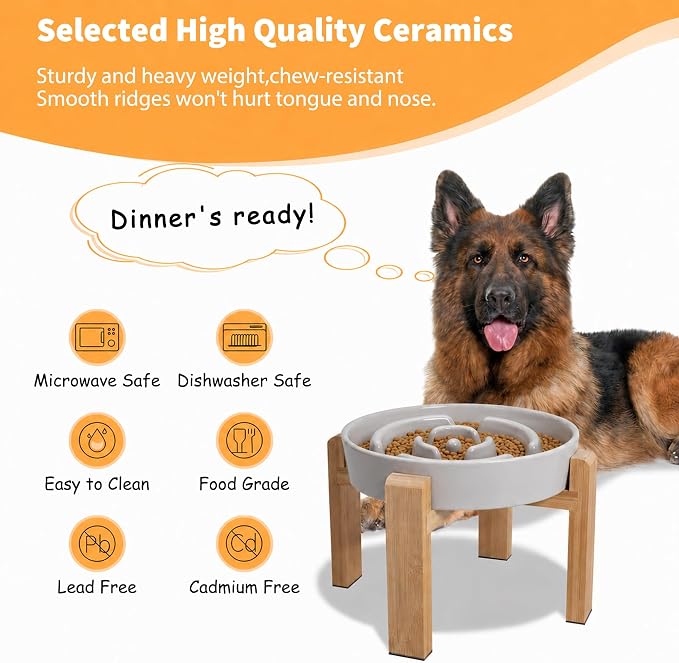 Elevated Slow Feeder Dog Bowl Large Breed, 8.8 Inch Ceramic Slow Eating Bowl with Bamboo Stand, Anti-Choking Raised Maze Design for Medium to Large Dogs, 3.2 Cup, Grey