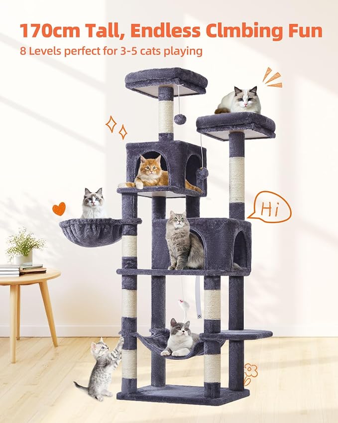 Taoqimiao Cat Tree, 67 in Tall Cat Tower with 2 Plush Cat Condos | 7 Scratching Posts, 2 Top Perches, Cozy Hammock & Basket, Indoor Cats, 2 Pompoms & Mouse Toy, Smoky Gray, MS013G
