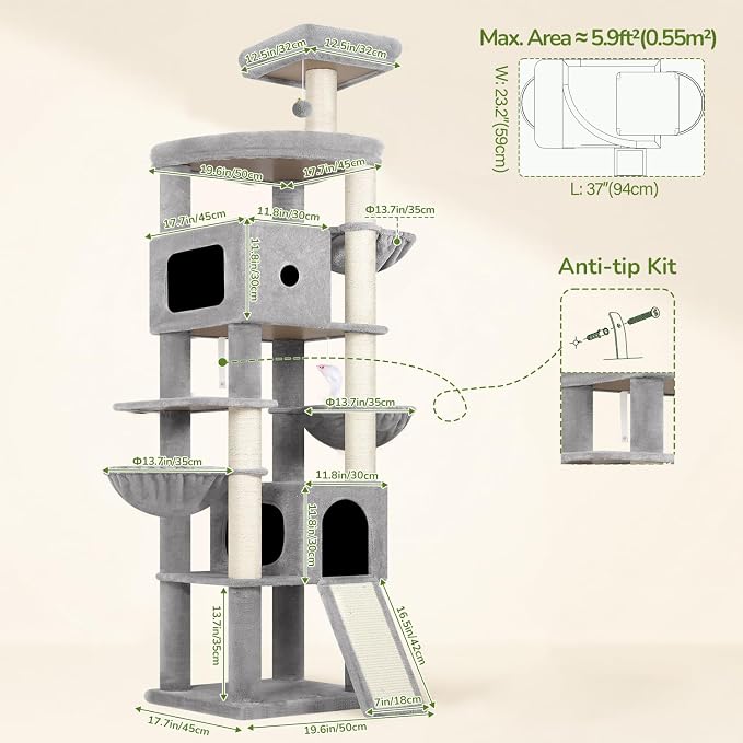 Globlazer F83C Pro Max Heavy Duty Maine Coon Cat Tree, 83in Tall Tower | Easy Assembly, Large Cats, 2 Condos, 3 Hanging Baskets, 2 Perches, 7 Sisal Scratching Posts, Anti-Topple Strap, Light Grey
