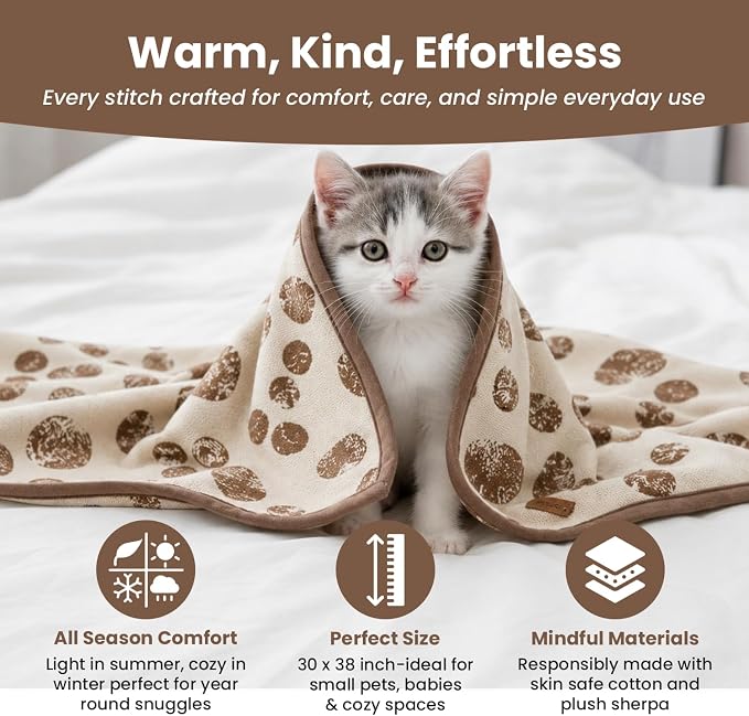 100% Organic Cotton Pet Blanket 30 x 38 in – Plush Double Layer Sherpa, Cozy Throw for Small Dogs, Cats & Baby – Earth Ivory/Mocha Meringue