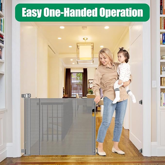 Reinforced 50" Wide Retractable Dog Gate for Stairs, Retractable Baby Gates with Support Rods - Bottom Anti-Escape, Indoor Long Baby Gate Outdoor Gates for Decks, Child Gates for Doorways/Patios, Gray