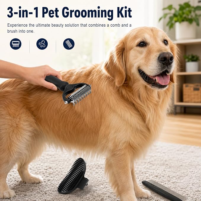 Double-Sided Pet Grooming Rake, 4-in-1 Professional Pet Grooming Kit, Deshedding and Dematting Tool for Dogs and Cats, Ideal for Long & Short Haired Pets (Black Kit 4PCS)