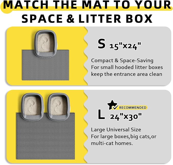 Cat Litter Mat, 30"x24", Waterproof, Easy to Clean (Grey-1Pack) | Double-Layer Honeycomb for Effective Litter Trapping, Premium Durable EVA, Non-Slip, Paw-Friendly Soft Surface