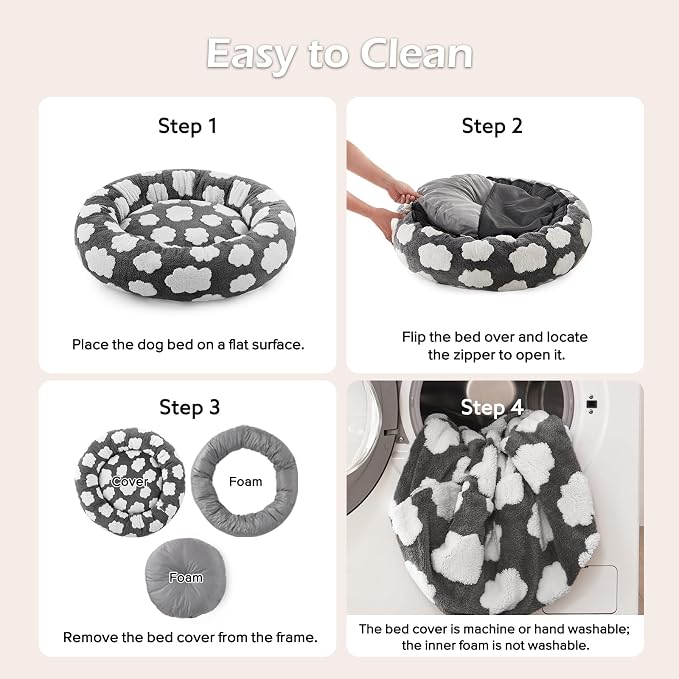 JOEJOY Donut Small Dog Bed, Round Cat Beds for Indoor Cats with Removable Washable Cover, Orthopedic Cute Puppy Kitten Pet Bed with Jacquard Shaggy Plush & Non Skid Bottom, Black