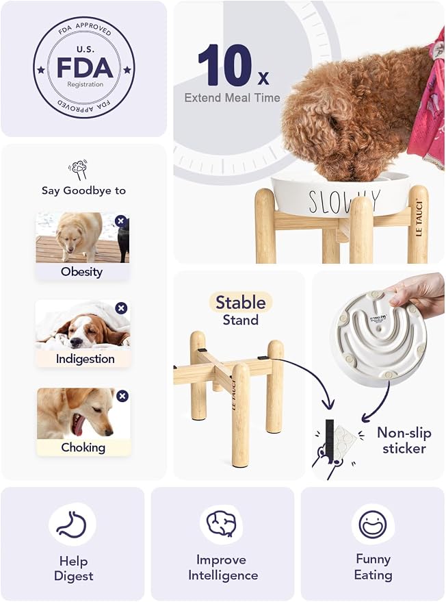 LE TAUCI PET Ceramic Elevated Slow Feeder Dog Bowl - 0.6 Cup Puzzle Feeder with Wooden Stand for Small Breeds, White Pet Dish