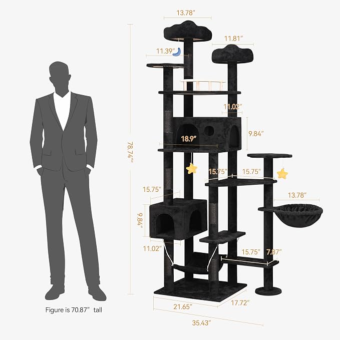 Meecal Black Cat Tree,79in Tall Tower for Multiple Indoor Cats Large Adult | Giant Cat Tree, Multi-Level Heavy Duty Cat Tower with Scratching Post, 2 Cat Condos, Hammocks, Perches, Hanging Toys