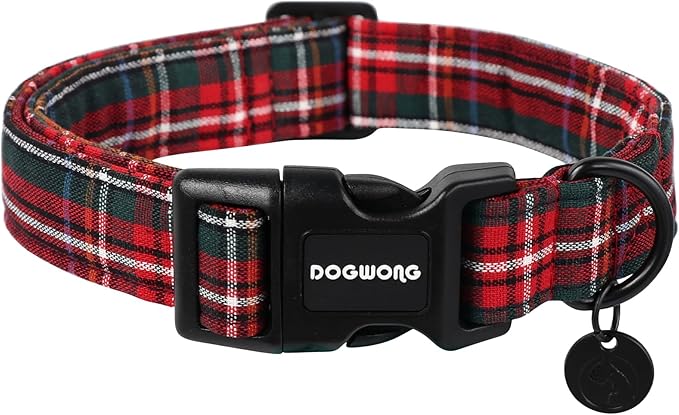 DOGWONG Christmas Cotton Dog Collar, Heavy-Duty Red Plaid Dog Collar Durable Soft Fabric Pet Dog Collars Cute Christmas Checked Puppy Necklace for Small Dogs