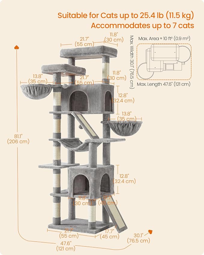 Feandrea Large Cat Tree, 81.1" Tall Sturdy Cat Tower for Indoor, Dove Gray | Sturdy Tall Climbing Tower, Multi-Level Condo for Indoor Cats, Dove Gray, CLAWFY Collection UPCT021G101