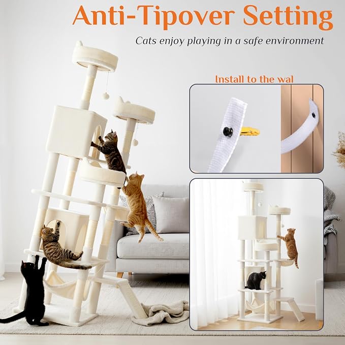 DUMOS Tall 75 inch Cat Tree Tower with Scratching Posts, Indoor Cats Use | Large Multi Level Cat Climbing Tower with Condo, Platform, Hammock, Basket, Pet Tree House for Kittens Play, Beige