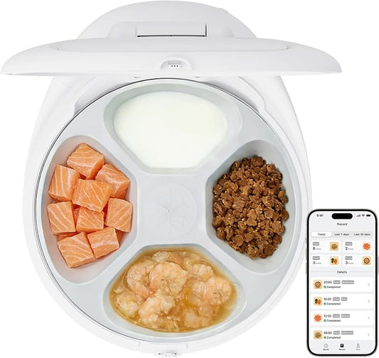 UBPET Smart Automatic Cat Feeder with Cooling & Heating, APP Control Dual-Temp Feeder for Wet/Dry/Raw Food, 24H Freshness, 4-Grid Tray, Anti-Pinch for Cats & Small Dogs (2-10kg)