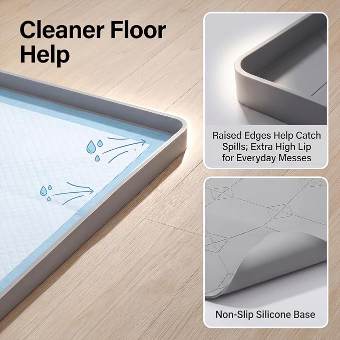 ondware Dog Pee Pad Holder,Silicone Indoor Dog Potty Tray,28x22 in,Gray,Thickened Material,Raised Edge Mat,Completely Leak-Proof, Effectively Protect the Floor, Portable Multi-Use Design.