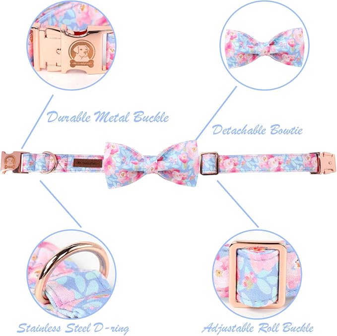 ·MR. CHUBBYFACE· Ink Style Flower Dog Collar with Bow Cute Brown Puppy Collar Bowtie Spring Girl Boy Dog Collars for Small Medium Large Dogs