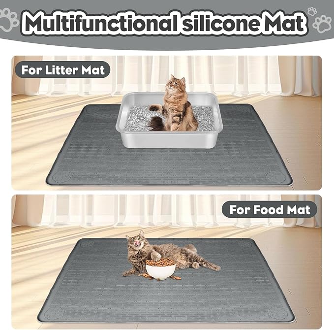Kalolary Cat Litter Box Mats, Large 34" x 22" Silicone Cat Mat | Easy to Clean Kitty Litter Trapping Mat, Soft on Kitty Paws, Waterproof, Urine-Proof Kittys Litter Mats for Floor, Dark Grey
