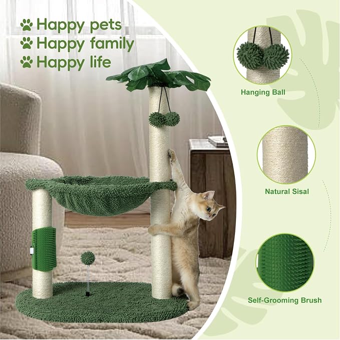 MECOOL Cat Tree Tower 32" Tall Scratching Post with Large Hammcok for Indoor Cats,Self-Massage Bursh Hanging Ball Toys,Monstera Deliciosa Green