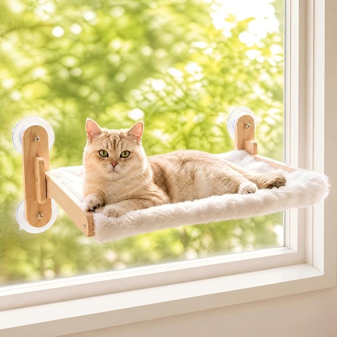 Foldable Cat Window Perch,Cat Hammock Bed with Wood Frame,Washable Soft Rabbit Fur Cover,Strong Suction Cup,Window Seat for Kitten, Indoor Cats, Birds Watching