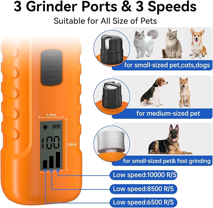 PAPIFFEED Dog Nail Grinder with LCD Display – Quiet Electric Nail Trimmer with Dual LED Light, Safe for Black & Thick Nails, Rechargeable for Small Medium Large Dogs & Cats (Orange)