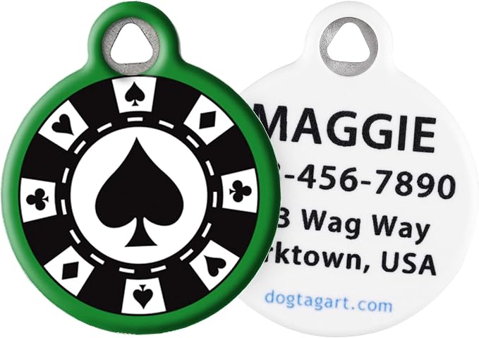 Poker Chip Pet ID Tag for Dogs and Cats, Silent Polymer Coated Stainless Steel Nametag with Customized Identification Information, Small .875" Diameter
