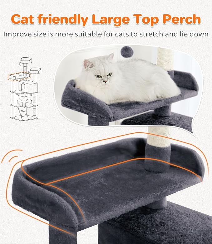Made4Pets Cat Tree Tower 56in Cat Tower for Indoor Cats Kitten Tree Multi-Level Cat Tree with 2 Condo Furniture Activity Center with Scratching Posts Funny Toys Kittens Pet Play House, Grey
