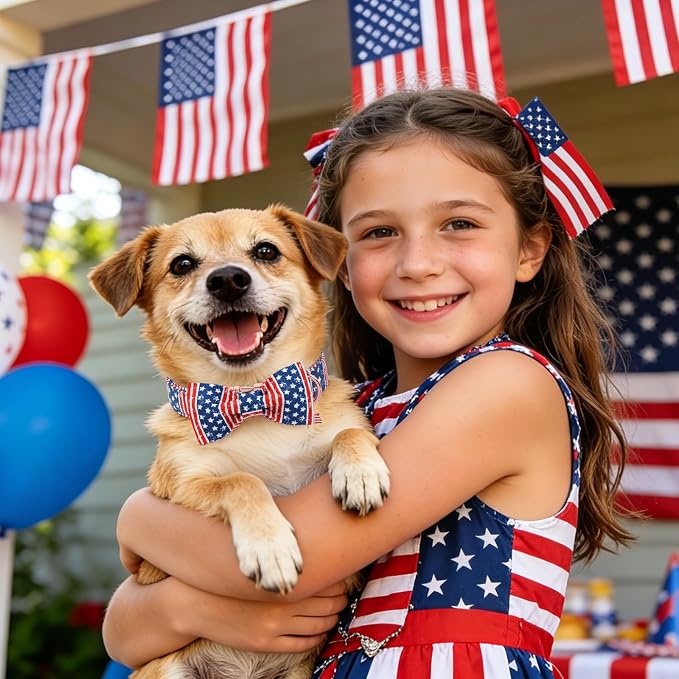 4th of July American Flag Dog Collar, DOGWONG Red Blue Bow Dog Collars with Metal Adjustable Buckle, Comfortable Independence Day Dogs Collars for Small Dogs