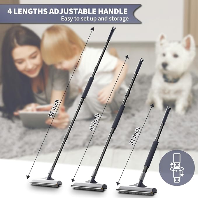 Carpet Rake for Pet Hair Removal - Reusable Dog & Cat Hair Remover with 58" Reinforced Steel Handle, 3-in-1 Professional Modular Rug Rake & Scraper Tool for Shag Rugs, Couch, Stairs (Gray)