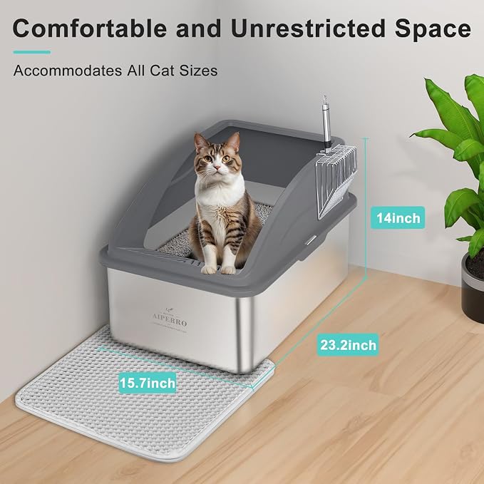 AIPERRO Stainless Steel Litter Box | XXL Deepened 8" Design Enclosed Box with Lid for Big Cats | High Sided, Anti-Urine Leakage | Non-Stick Bottom & Includes Litter Mat & Metal Scoop