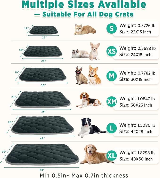 Dog Bed Mat Crate Pad, Anti-Slip Bottom Machine Washable Pet Pad | Thick lightweight mat with anti-slip bottom, machine washable. Ideal for dogs, cats in crates, home & car, S 24x18'', Grey