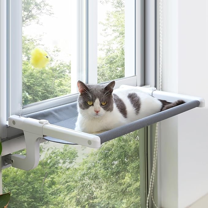 Cat Window Perch, Cat Hammock Window Seat with Sturdy Metal Frame for Large Cats and Kittens, Easy to Adjust for Windows & Bedsides, No Suction Cup No Drilling