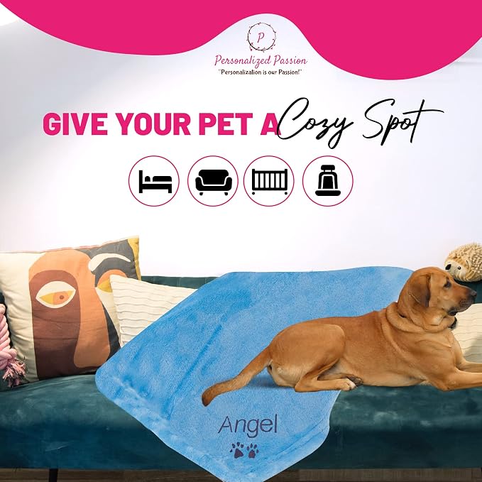 Personalized Passion Dog Blanket with Embroidered Name & Paws - Soft, Comfortable and Cozy for Bed, Couch, Car - Water Resistant Pet Fleece Blanket for Dogs and Cats - Blue - 28"x40"