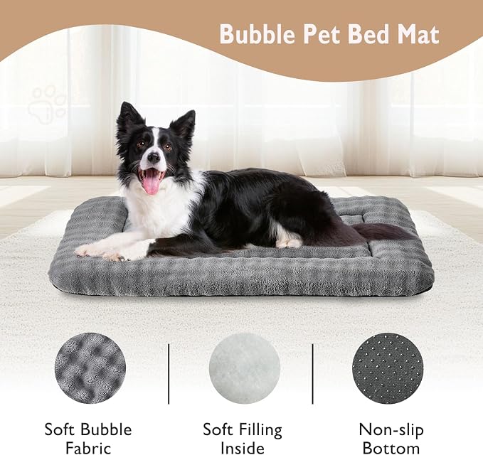 Dog Bed Mat Crate Pad for Large Dogs, Grey, 36"x 23" | Washable Soft Pet Sleeping Mat, Anti-Slip Kennel Pad with 3D Bubble Pattern
