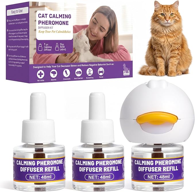 Cat Calming Pheromone Diffuser Starter Kit, 90-Day, for Multi-Cat Homes | Drug-free plug-in calms stress, hiding & aggression, 3 refills for 90 days; safe for kittens & humans, covers 700 sq ft
