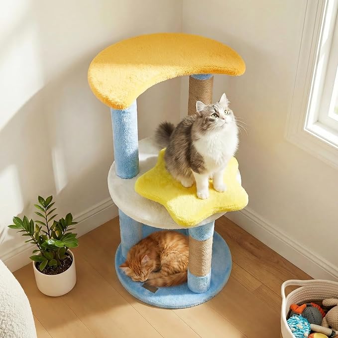 PETSITE 29-inch Cute Cat Tree, Multi-Level Small Cat Tree with Jute Scratching Post, Dangling Toy, Star and Moon-Shaped Perches, Ideal for Indoor Cats (Blue)