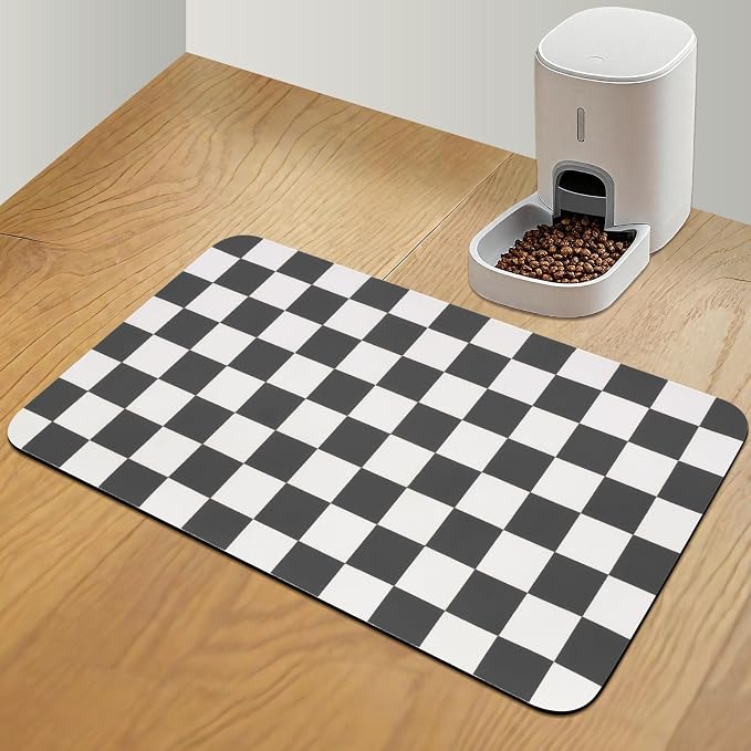 CooRug Checkered Dog Food Mat, Pet Feeding Mat 24" L x 16" W, Black | Absorbent, Leak-Proof, Anti-slip, Quick Dry, Eco-friendly Materials, Easy to clean and store, For Messy Drinkers