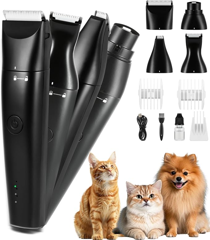 4-in-1 Dog Grooming Kit Low Noise Snag Free Cutting for Cats Dogs | Rechargeable Cordless, Rinsable Blade ,4-in-1 Electric Clipper & Foot Trimmer with Nail Grinder and Curved Blade Head