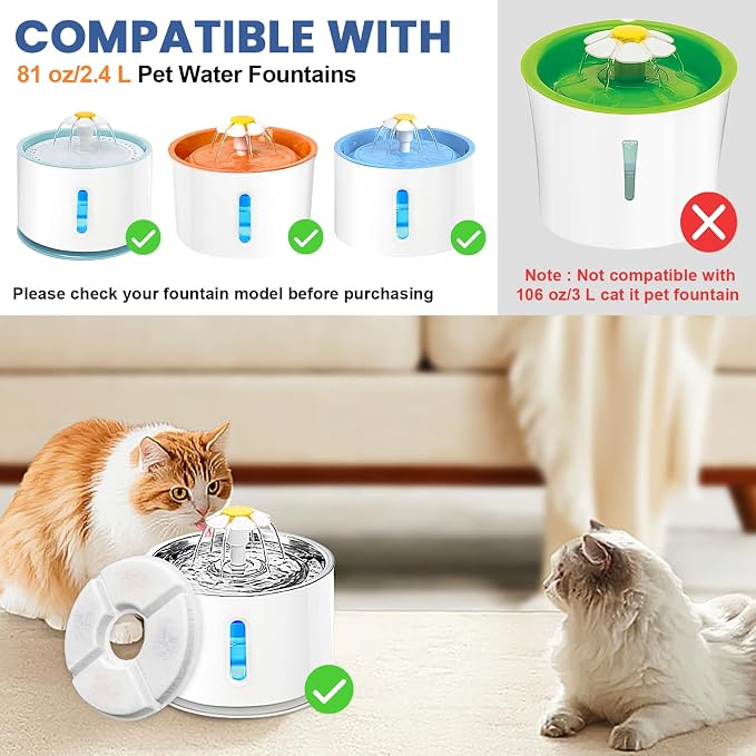 Cat Water Fountain Filter Replacement, 4 Pcs Cat Fountain Filters Dia is 5" with 3-Filtration System, Round Cats Carbon Filters Compatible with 81oz /2.4L Round Automatic Pet Fountain Water Dispenser