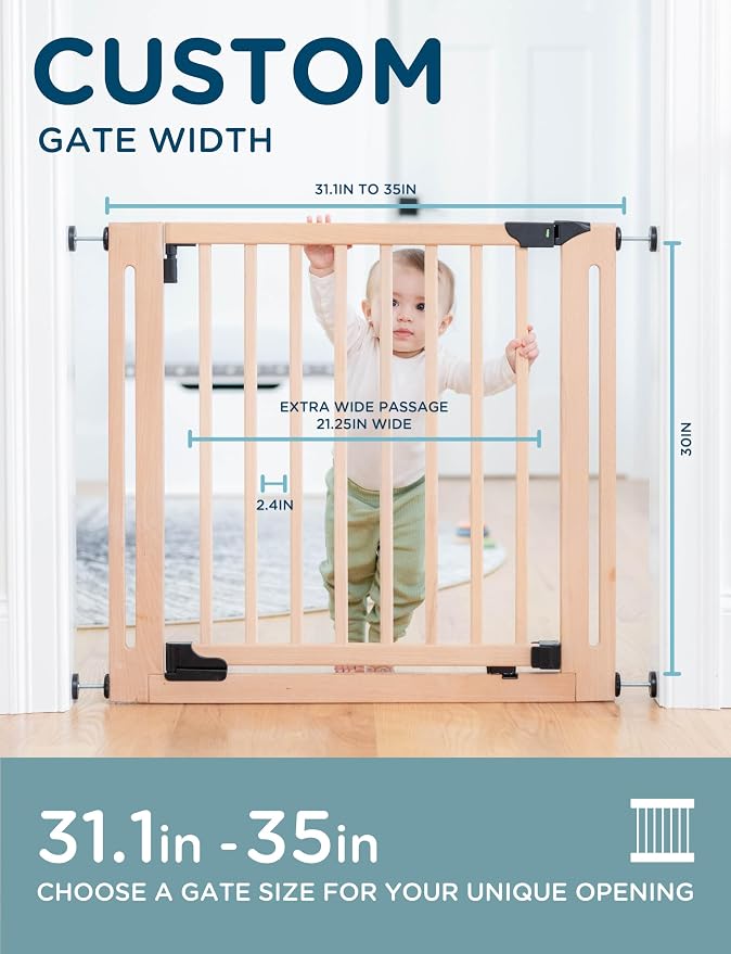 Baby Delight SizeWise™ Wood Pressure Mounted Safety Gate 31.1"-35" | Extra-Wide Passage | Auto-Close Two-Way Opening | Easy Installation | PEFC Certified Beech Wood (28.7" Passage)